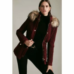 Coupon 😀 KarenMillen Signature Quilt Short Faux Fur Trim 🧥 Coat For Female 🎁