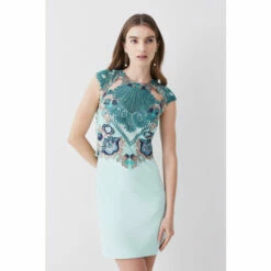 New 💯 KarenMillen Metallic Guipure Lace Mirrored Mini 👗 Dress For Female 🔥