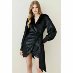 Cheapest 🌟 KarenMillen Slinky Velvet Sleeved Wrap Mini 👗 Dress For Female ❤️ -Karen Millen Sales unnamed file 2950