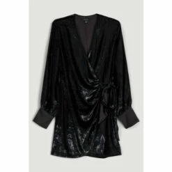 Cheapest 🌟 KarenMillen Slinky Velvet Sleeved Wrap Mini 👗 Dress For Female ❤️ -Karen Millen Sales unnamed file 2951
