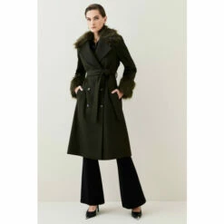 Hot Sale 🤩 KarenMillen Italian Virgin Wool Faux Fur Collar And Cuff Belted Wrap 🧥 Coat For Female 🥰 -Karen Millen Sales unnamed file 2980