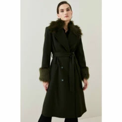 Hot Sale 🤩 KarenMillen Italian Virgin Wool Faux Fur Collar And Cuff Belted Wrap 🧥 Coat For Female 🥰 -Karen Millen Sales unnamed file 2984