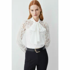Hot Sale ๐ KarenMillen Lace Jersey Contrast Pussy Bow Sleeve Bodysuit For Female ๐
