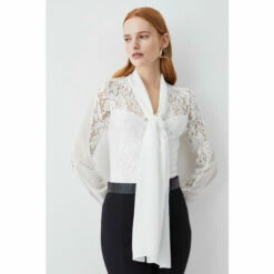 Hot Sale 🛒 KarenMillen Lace Jersey Contrast Pussy Bow Sleeve Bodysuit For Female 😍 -Karen Millen Sales unnamed file 3116