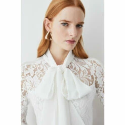Hot Sale 🛒 KarenMillen Lace Jersey Contrast Pussy Bow Sleeve Bodysuit For Female 😍 -Karen Millen Sales unnamed file 3117