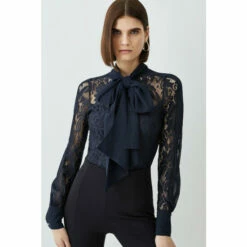Hot Sale 🛒 KarenMillen Lace Jersey Contrast Pussy Bow Sleeve Bodysuit For Female 😍 -Karen Millen Sales unnamed file 3119