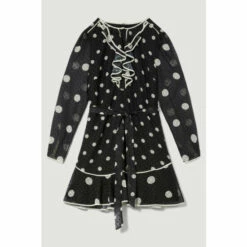 Top 10 👍 KarenMillen Petite Mono Mixed Dot Piped Ruffle Belted Mini 👗 Dress For Female 🔔 -Karen Millen Sales unnamed file 3158