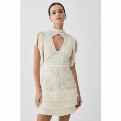 Hot Sale 👏 KarenMillen Petite Cornelli Embellished Fringed Woven 👗 Dress For Female 🎁