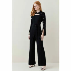 Brand new 🥰 KarenMillen Compact Viscose Stud Sleeve Wide Leg Jumpsuit For Female 🛒