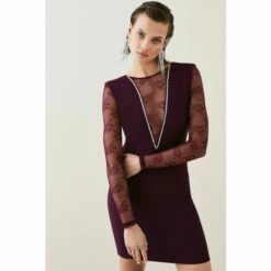 Hot Sale ๐ KarenMillen Lace Front Diamante Mini ๐ Dress For Female ๐คฉ