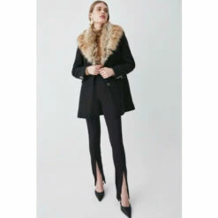 Budget 🛒 KarenMillen Italian Wool Mix Faux Fur Collar Short 🧥 Coat For Female 🔔