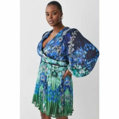 Best Sale 😍 KarenMillen Plus Size Mirrored Ombre Floral Pleat Drama Woven Mini 👗 Dress For Female 🛒