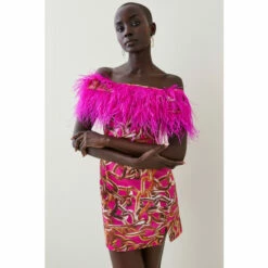 Outlet 👏 KarenMillen Italian Signature Stretch Chain Feather Bardot Mini 👗 Dress For Female ✨