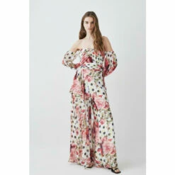 Best deal 🎉 KarenMillen Spot Floral Chiffon Bardot Wide Leg Jumpsuit For Female 🌟