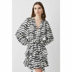 Deals 🧨 KarenMillen Geo Print Satin Piped Tiered Belted Mini 👗 Dress For Female 😉 -Karen Millen Sales unnamed file 3400