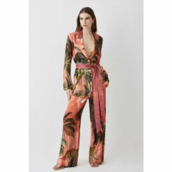Hot Sale 🧨 KarenMillen Petite Satin Palm Printed Woven Trousers For Female 🌟 -Karen Millen Sales unnamed file 3416
