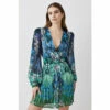 Best Pirce 🤩 KarenMillen Petite Mirrored Ombre Floral Pleat Drama Woven Mini 👗 Dress For Female 💯