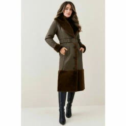 Discount ❤️ KarenMillen Lydia Millen Shearling And Leather Shawl Collar Belted 🧥 Coat For Female 🎁
