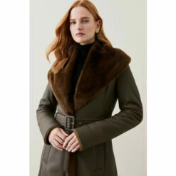 Discount ❤️ KarenMillen Lydia Millen Shearling And Leather Shawl Collar Belted 🧥 Coat For Female 🎁 -Karen Millen Sales unnamed file 3507