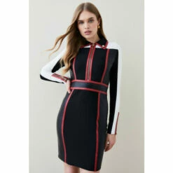 Hot Sale 🥰 KarenMillen Pu Colour Block And Bandage Knit Mini 👗 Dress For Female ✨ -Karen Millen Sales unnamed file 3548