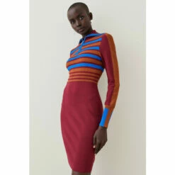 Wholesale 🎉 KarenMillen Stripe Knit Half Zip Collared Mini 👗 Dress For Female ❤️