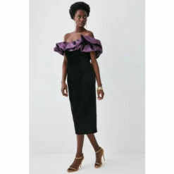 Wholesale ⭐ KarenMillen Jacquard Contrast Ruffle Bardot Midi 👗 Dress For Female 🎉