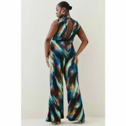 Outlet 🧨 KarenMillen Plus Size Marble Viscose Satin High Neck Jumpsuit For Female 🔔 -Karen Millen Sales unnamed file 3678