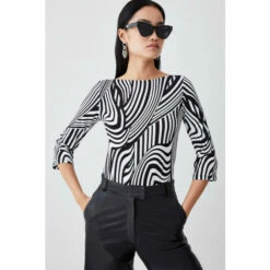 Wholesale 🎉 KarenMillen Half Sleeve Slash Neck Printed Viscose Blend T-shirt For Female 😉