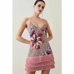 Promo 🥰 KarenMillen Tall Mixed Sequin & Beaded Fringed Mini 👗 Dress For Female 😉