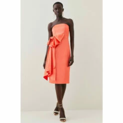 Best Sale 🥰 KarenMillen Italian Structured Satin Bandeau Bow Detail Pencil Midi 👗 Dress For Female 🛒
