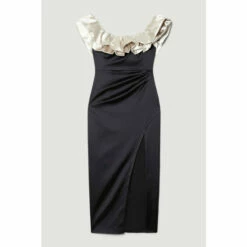 Best Sale 🔥 KarenMillen Italian Structured Satin Ruffle Bardot Maxi 👗 Dress For Female 🧨 -Karen Millen Sales unnamed file 3757