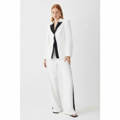 Budget 🧨 KarenMillen Compact Viscose Contrast Panelled Wide Leg Trouser For Female 😉