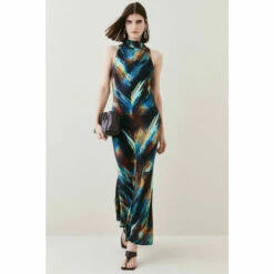 Best reviews of 🤩 KarenMillen Tall Marble Viscose Satin High Neck Maxi 👗 Dress For Female ⭐