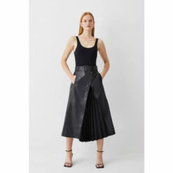 Best Sale ๐ฅ KarenMillen Belted Pleat Detail Leather Midi ๐ Skirt For Female ๐คฉ
