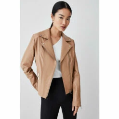 Best Pirce 🤩 KarenMillen Tall Leather Signature Biker Jacket For Female 🎁