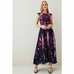 Best deal 👍 KarenMillen Metallic Guipure Lace Mirrored Pleat Midi 👗 Dress For Female 👍