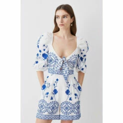 Hot Sale 😀 KarenMillen Floral & Geo Embroidered Woven Playsuit For Female 😉