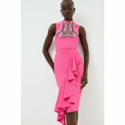 Coupon 👏 KarenMillen Embellished Ruffle Figure Form Crepe Midi 👗 Dress For Female 🎉 -Karen Millen Sales unnamed file 4053