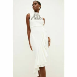 Coupon 👏 KarenMillen Embellished Ruffle Figure Form Crepe Midi 👗 Dress For Female 🎉 -Karen Millen Sales unnamed file 4054