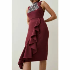Coupon 👏 KarenMillen Embellished Ruffle Figure Form Crepe Midi 👗 Dress For Female 🎉 -Karen Millen Sales unnamed file 4055