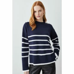Promo 🎉 KarenMillen Shoulder Trim Detail Stripe Knit Jumper For Female 👍