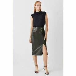 Cheap 🔥 KarenMillen Pu Button Detail Pencil Midi 👗 Skirt For Female ✔️