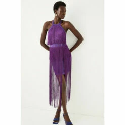 Budget 🎁 KarenMillen Fringed Ponte Detail Halter Neck Mini 👗 Dress For Female 🔥