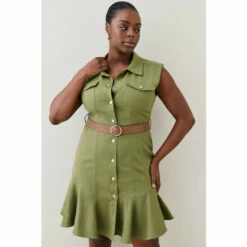 Promo 👍 KarenMillen Plus Size Relaxed Tailored Ruffle Hem Belted Drs For Female 👏