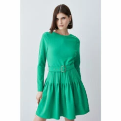 Deals 🤩 KarenMillen Long Sleeve Pleated Figure Form Crepe Mini 👗 Dress For Female 🧨