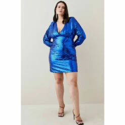 Discount 🤩 KarenMillen Plus Size Sequined Wide Sleeve V Neck Mini 👗 Dress For Female 😀 -Karen Millen Sales unnamed file 4342