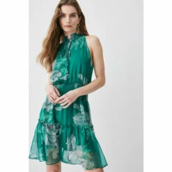 Outlet 💯 KarenMillen Floral Bloom Shirred Halter Woven Mini 👗 Dress For Female 🤩