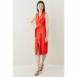 New 😍 KarenMillen Satin Tux Collared Belted Midi 👗 Dress For Female 🔥