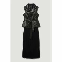 Cheap ✨ KarenMillen Petite Sleeveless Leather Wrap Pleat 👗 Skirt Midi 👗 Dress For Female 🧨 -Karen Millen Sales unnamed file 4393