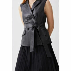 Cheap ✨ KarenMillen Petite Sleeveless Leather Wrap Pleat 👗 Skirt Midi 👗 Dress For Female 🧨 -Karen Millen Sales unnamed file 4394